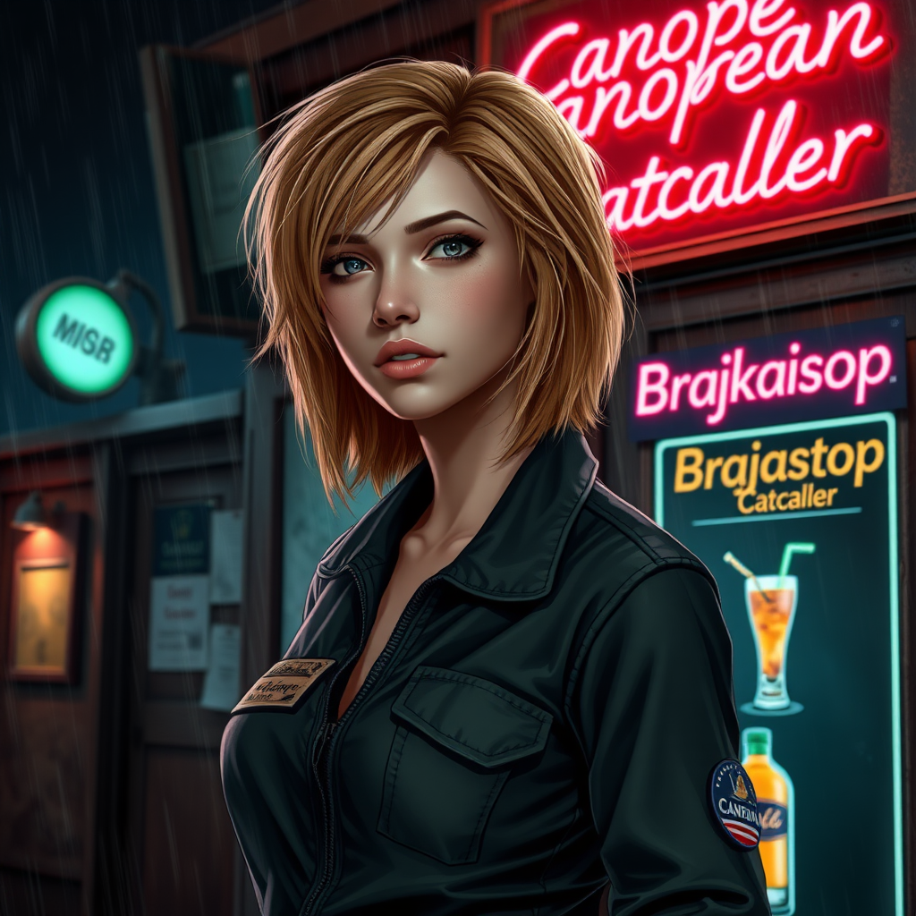 A girl with a face like (Ana de Armas), pale, no makeup, messy shoulder-length strawberry blonde hair, athletic, wearing a flight suit, "Benaenae" badge on the pocket. A run-down bar with the words "Canopean Catcaller" in neon above the door. Night, raining, realistic, lens flare. Advertisement for a drink called "Brajkaisop". Hyperrealistic, soft focus.