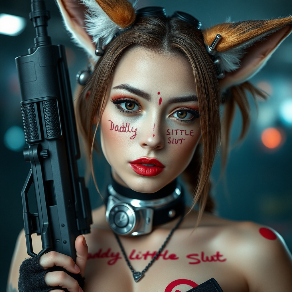 Real life photo of a cyberpunk waifu, she has “daddy’s little slut” written on her skin with lipstick. She is holding a big gun, she has fox ears, tiny metal nipple covers.