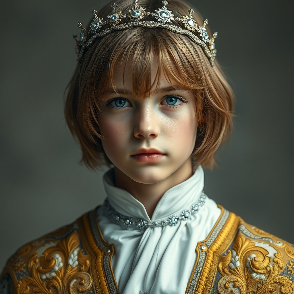 16yo teen boy prince, long bob cut, embroidered with gold and diamonds medieval cloths, diamond diadem, and Beautiful War. Free style by FLUX photorealistic, ultra high resolution, 16K,