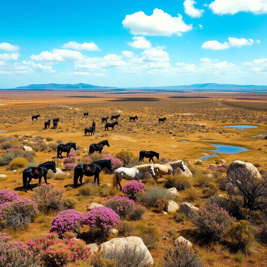 Long plateau with its dark wild ponies, Mediterranean vegetation including rockrose, myrtle, oaks, junipers, with ponds and large rocks, and a blue sky with white clouds.