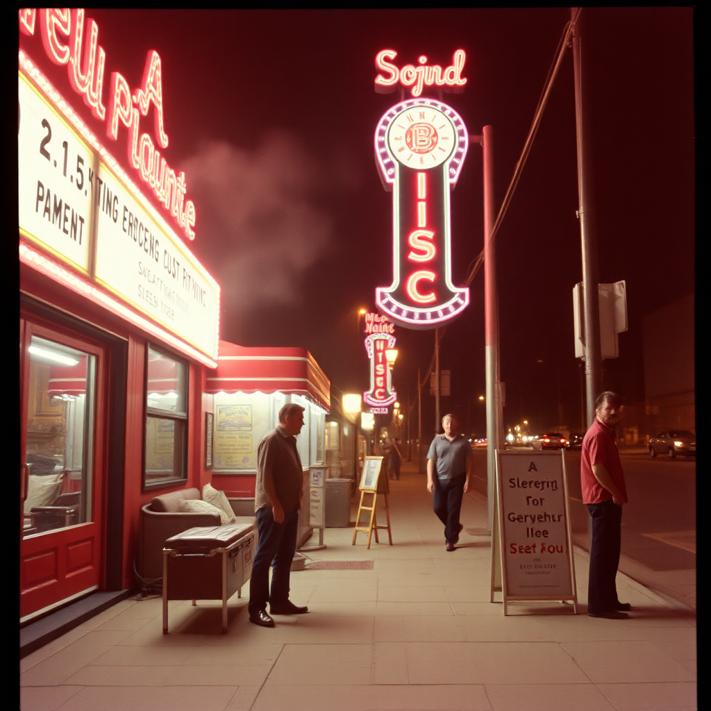 highly detailed Kodachrome color real photograph from 1974 of Sleeping cheaply on the midnight show  
It's the same old ending, time to go  
Get out  
It seems they cannot leave their dream  
There's something moving in the sidewalk steam  