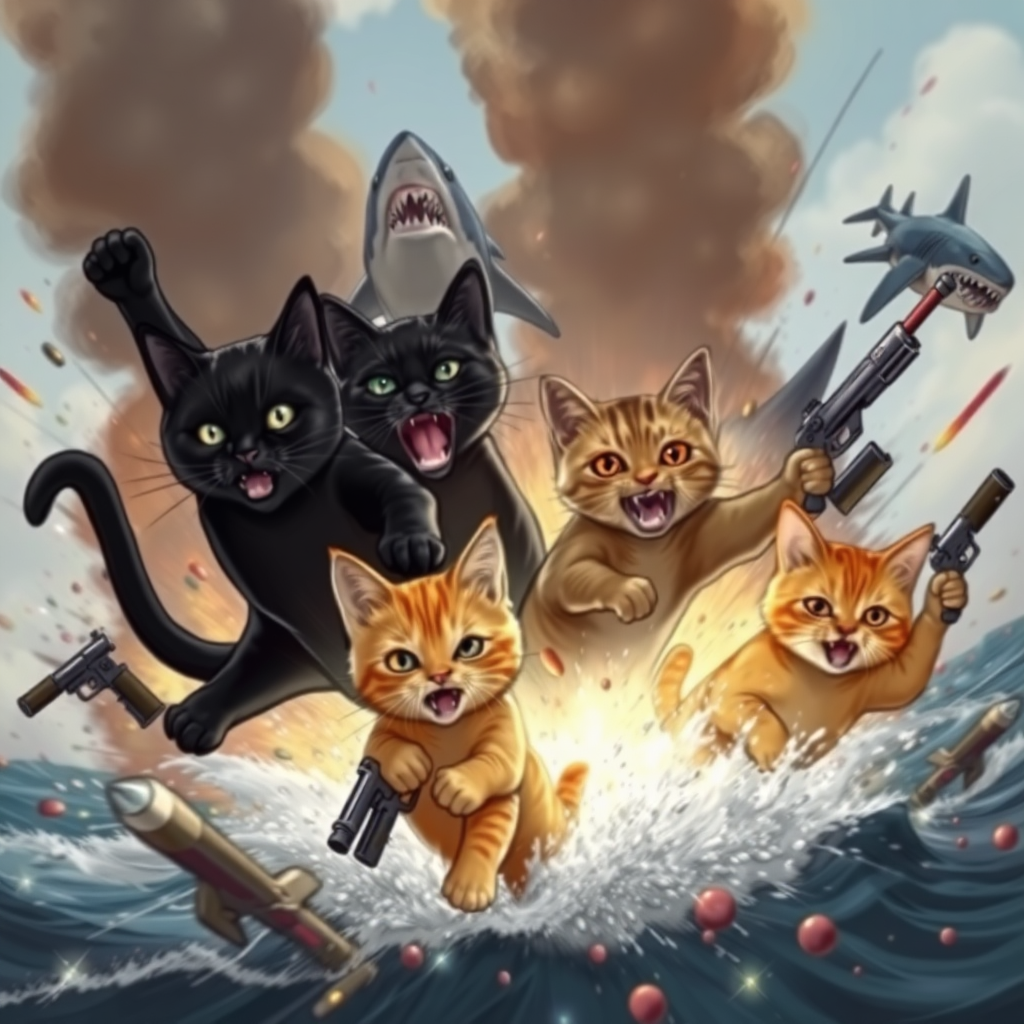 1 black cat, 1 dark brown cat, 1 light brown cat, and 1 orange cat emerging from an explosion with sharks and weapons.