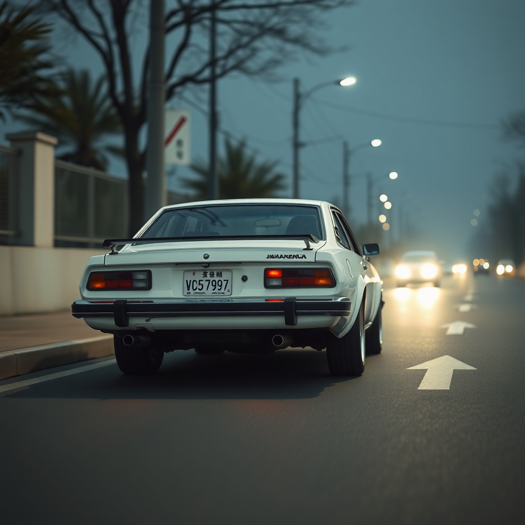 the car is parked on the side of the road, inspired by Taiyō Matsumoto, tumblr, restomod, nd4, c4 a white car is driving down the street, a picture, unsplash, shin hanga, 70's, looking regal and classic, fuji lut, poorly lit, mazoku, devils, lada, lowres, iso 500, backlighted, foam, vehicle photography, frank fanzzeta, 1 2 k, japanese, single light, basic, italian masterpiece