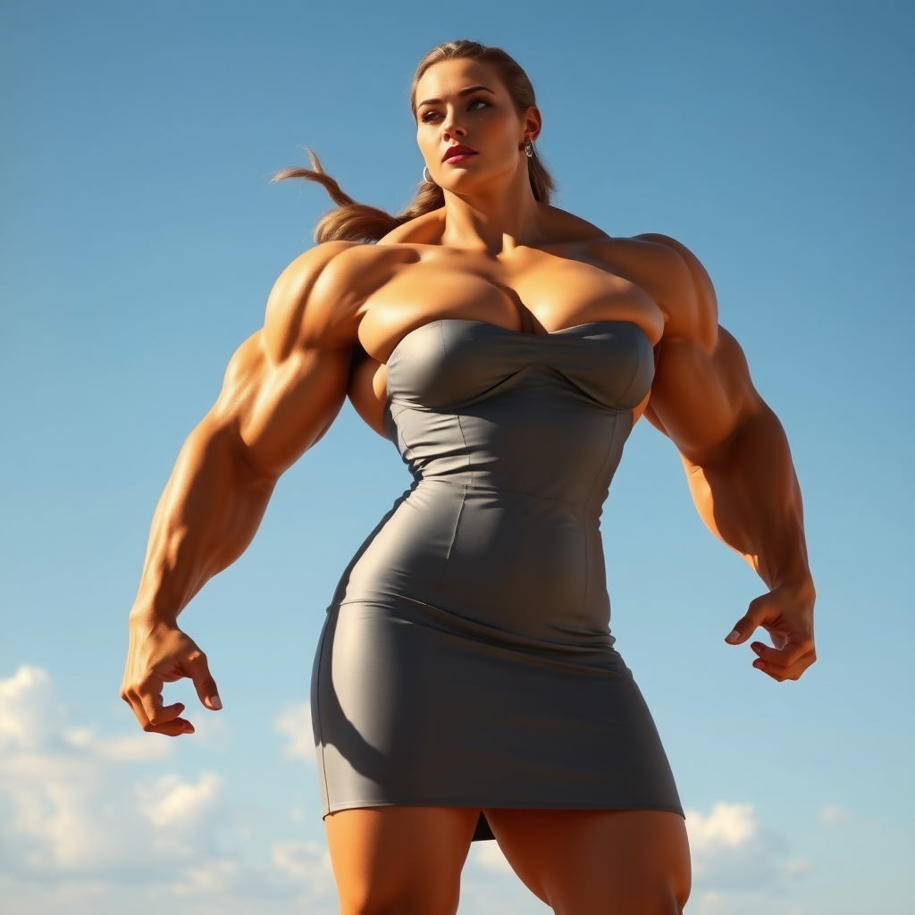 jacked massive huge bodybuilder girl, strapless dress, super hero