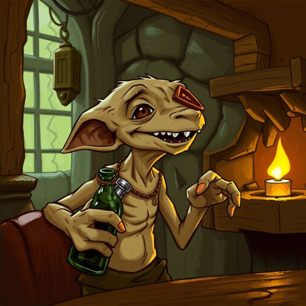 A skinny kobold with a bottle laughing at something to the right while inside a tavern.