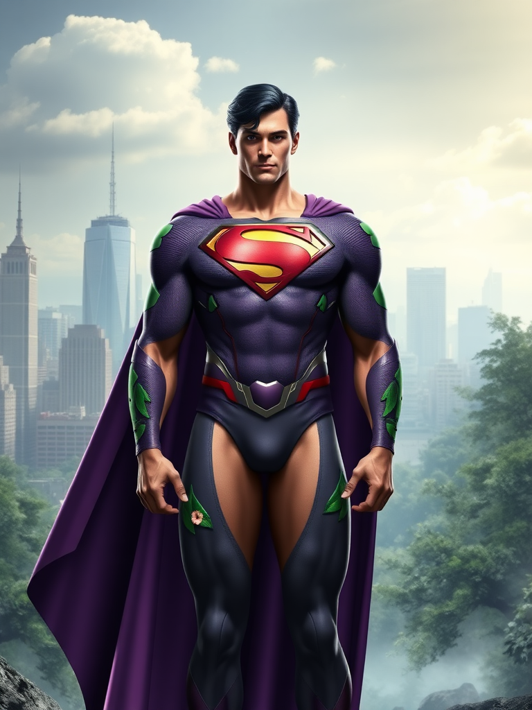 Create a full-length image of Superman with the female body traits of Ivy from Soul Caliber, retaining his head and face. Depict him with Ivy's lithe, muscular physique, emphasizing her curvaceous hips, toned legs, and slender waist. Modify Superman's core costume to fit this new form, incorporating Ivy's signature purple and green color scheme and floral embellishments. Place the character in a background blending Metropolis' skyline with Ivy's mystical, forested realm. Ensure Superman's iconic 'S' symbol remains prominent on the chest.