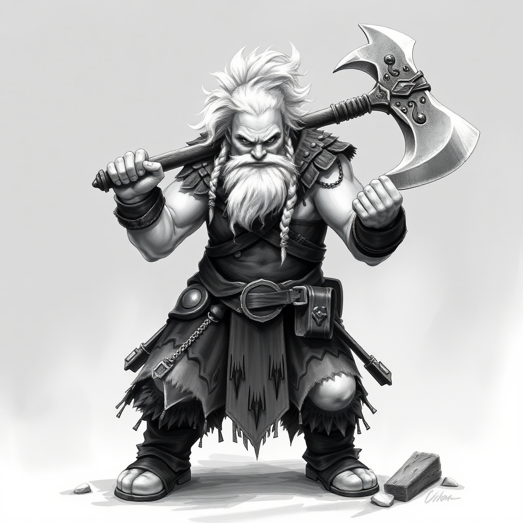 drawing of a white warrior fantasy dwarf, wielding a great two handed axe, he has white punk hair and braids, he is very muscular