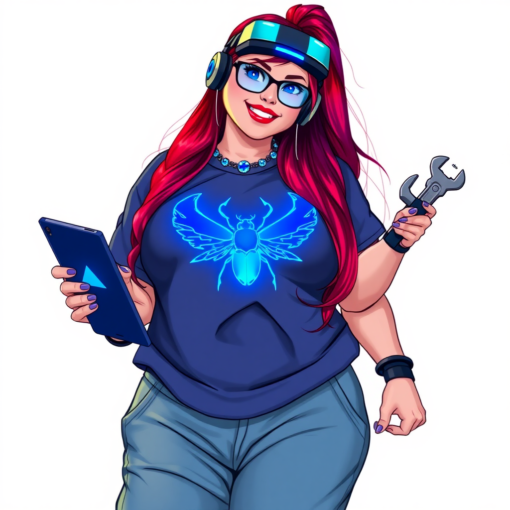 A cyberpunk vigilante’s full-figured intelligent and tech-savvy 29-year-old girlfriend, who is a computer hacker and tech genius. She has a long ruby red ponytail and bright blue eyes. She wears a sapphire beetle gemstone necklace, an oversized Maximum Blue (RGB 71, 171, 204) t-shirt featuring a neon blue glowing chest icon of a winged beetle, and matching Maximum Blue (RGB 71, 171, 204) sweatpants. She has a full-figured physique with a prominent, gargantuan, well-rounded midsection, reflecting her well-cared-for lifestyle. Her midsection is heavily emphasized. She sports a sapphire headset with a hi-tech sapphire lensed HUD visor, Maximum Blue (RGB 71, 171, 204) lipstick, black eyeglasses, and a beaming smile with a passionate bright red blush. Despite her figure and a lack of self-esteem, she radiates an air of beauty. She has an angular face which contributes to her radiant beauty. She serves as his tech expert from his hideout, holding a holographic tablet and a hi-tech tool wrench. The background is solid white. She is drawn as if she was in a retro 2D cyberpunk fighting game. Make sure her outfit covers her midsection.