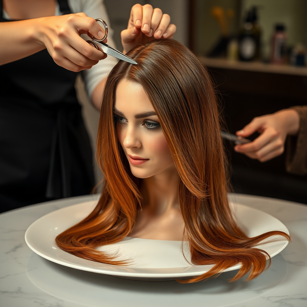 In a bizarre, surreal tableau, the polished surface of an elegant dining plate cradles the disembodied head of a strikingly beautiful Kate Middleton, her long, flowing hair cascading like a glossy waterfall of deep chestnut and honey highlights. The hair is luxuriously arranged, strands shimmering under the soft, ambient light that bathes the scene in an ethereal glow.

A skilled hairdresser, clad in a sleek black apron, stands poised with a pair of gleaming scissors, carefully trimming the endlessly luxurious locks that frame Kate's serene, almost ethereal features. The air is thick with the scent of salon products mingling with delicate hints of floral fragrances, creating an unusual yet strangely inviting atmosphere. The hairdresser's focused expression reveals a meticulous dedication as snippets of hair fall gracefully onto the pristine plate, echoing a sense of both artistry and absurdity.

The overall emotional tone conveys a dreamlike quality, inviting viewers to ponder the juxtaposition of beauty, identity, and the bizarre circumstances that bind them in this extraordinary moment.