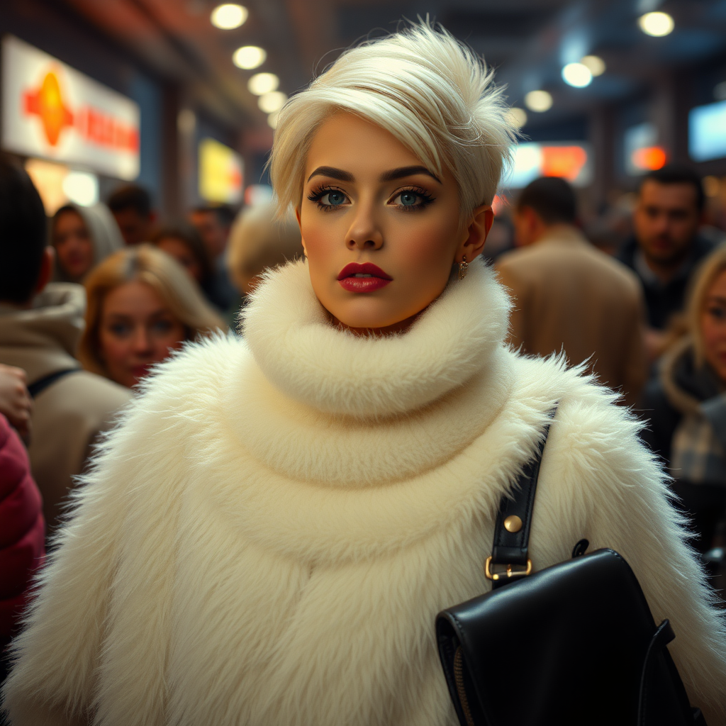 1990 winter evening, crowded cinema lobby: Sam, 19 years old beautiful involuntary femboy, rebellious intractable character, petite boyish figure, platinum blond boyish rebel punk hairstyle, flawless heavily made-up face with sharp arched tattooed eyebrows, wearing Supertanya-style fluffy very fuzzy bright white angora long turtleneck-poncho fully covering body and arms, black leather high-heeled thigh-high boots, gold earrings, puzzled alarmed, pout serious, impatiently waiting for her master. Focus on Sam’s face and turtleneck-poncho.