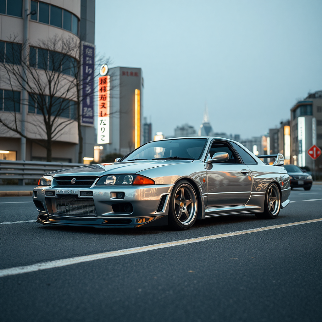 The car is parked on the side of the road, inspired by Taiyō Matsumoto, tumblr, restomod, nd4, c4 metallic shine nissan skyline r34 kalabalik tokyo gece arkaplan