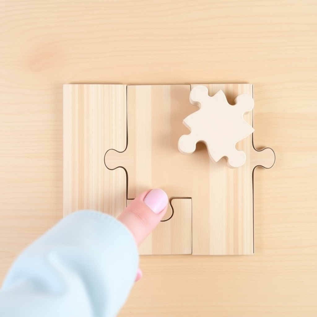 Create an image of a light brown wooden puzzle that is missing one piece. Someone is trying to fit a puzzle piece that doesn't match in the missing spot.