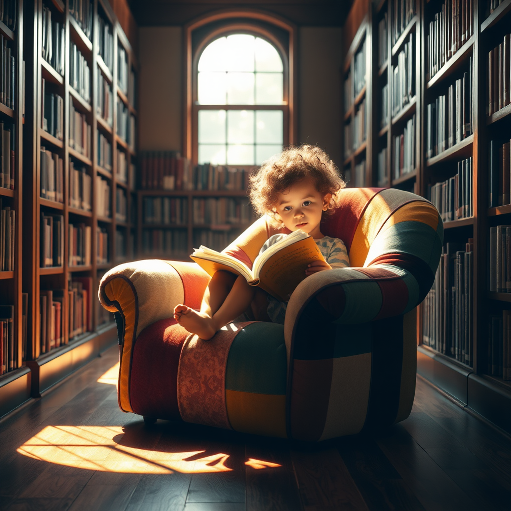 In a warm and inviting corner of a bustling library, where the scent of aged paper and polished wood mingles in the air, a young girl sits enthralled by the pages of a fantastical book. Her tiny legs swing playfully from the plush, oversized armchair, a vibrant patchwork of colors that adds a whimsical touch to the cozy nook. Wild, curly locks tumble down her shoulders, catching the sunlight that streams through the nearby window, illuminating her cherubic face filled with wide-eyed wonder and insatiable curiosity.

The soft, golden rays of the sun create a halo effect around her, casting delicate shadows that dance across the rich mahogany floorboards. The distant murmurs of library patrons create a gentle hum, contrasting with her serene bubble of concentration. As she flips the pages, the rustle of the paper is a subtle symphony, punctuating the silence that envelops her. In this enchanting moment, surrounded by towering shelves brimming with stories yet to be discovered, she is transported to a world of adventure, where dragons soar and magic abounds, allowing her to escape the bustling chaos outside this sanctuary of knowledge.