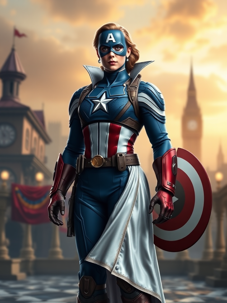 Create a full-length rendered image of Captain America, using the female figure of Snow White for the body. Retain Captain America's head, hairstyle, and facial features. Integrate elements of Snow White's costume into Captain America's attire, adjusting it to fit the new proportions. Design the background inspired by both characters, incorporating iconic symbols and settings that reflect their worlds, merging the heroic and fairytale atmospheres seamlessly. Ensure the image captures the strength of Captain America alongside the whimsy and charm of Snow White, resulting in a unique and visually striking character fusion.