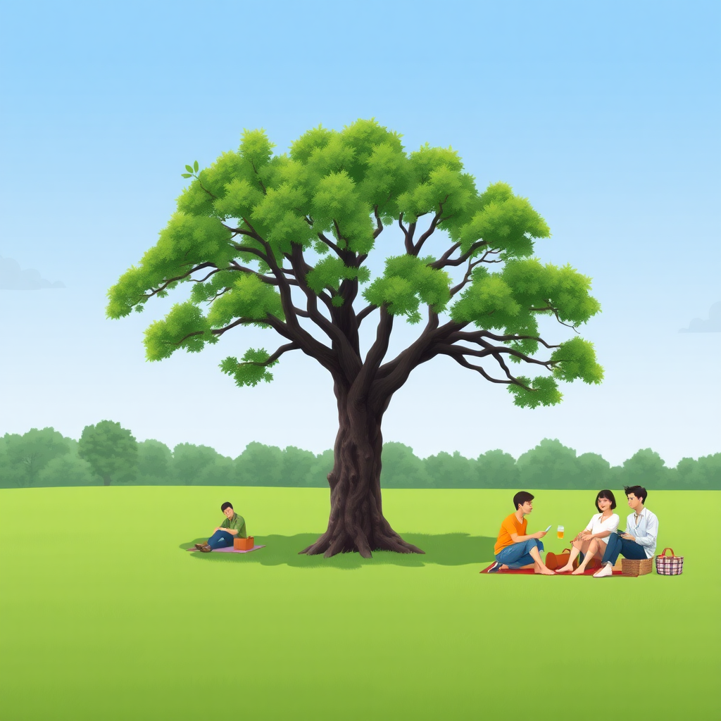 An oak tree standing alone in a grassy field. Two different groups of people are having picnics near it. One group has 3 Caucasians. The other group has 4 Asians.