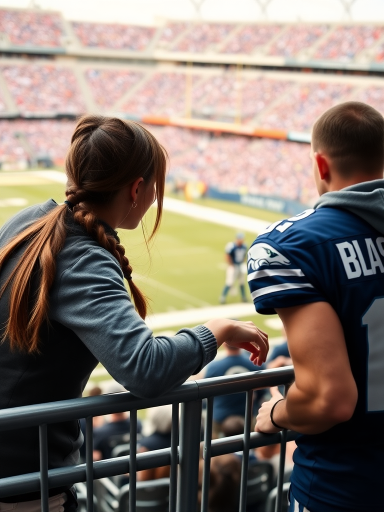 Attractive female NFL fan, pigtail hair, leaning forward over front row stadium barriers, fangirling over an NFL player who's on the field