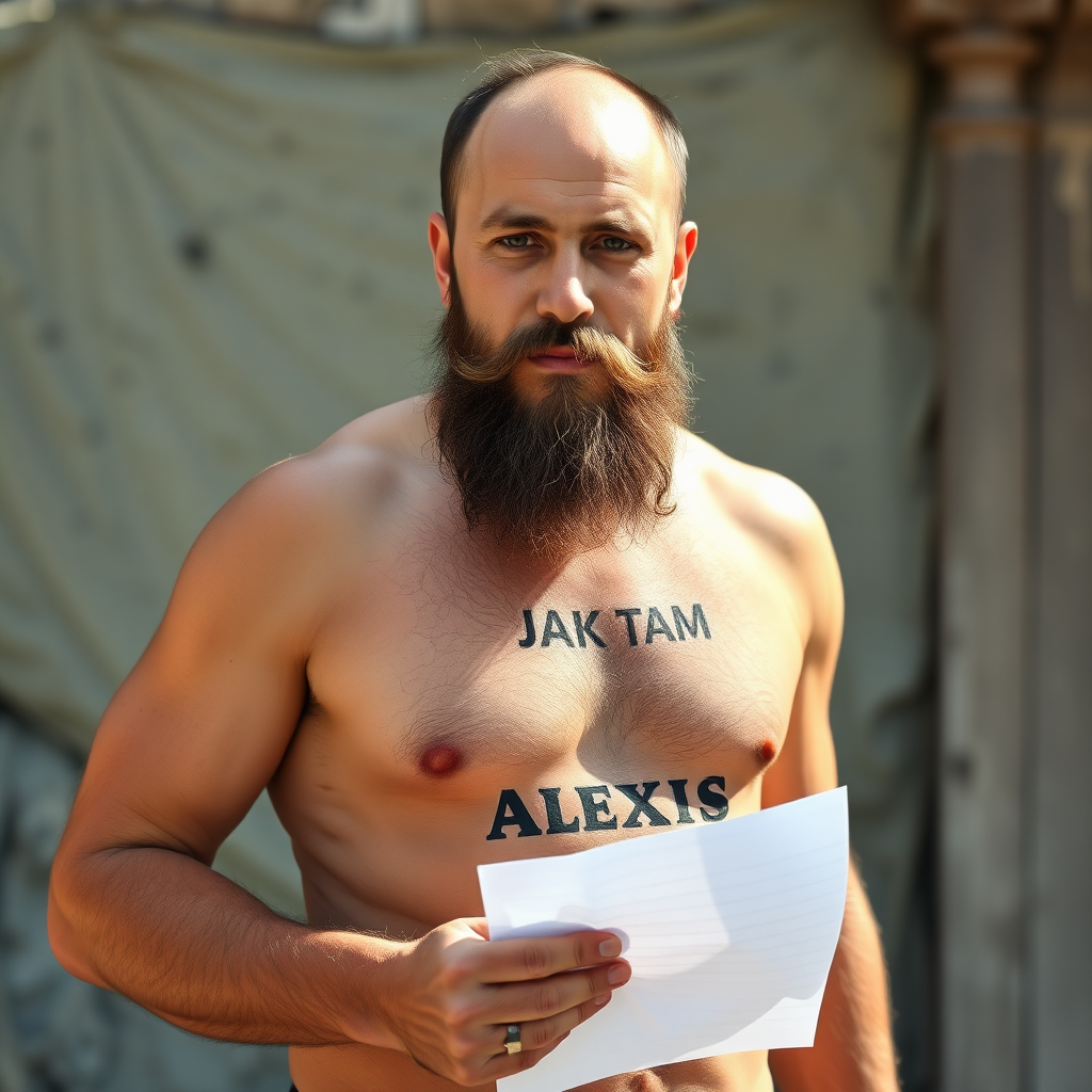 Photorealistic man with beard standing without t-shirt in eastern european country holding the paper saying jak tam alexis?