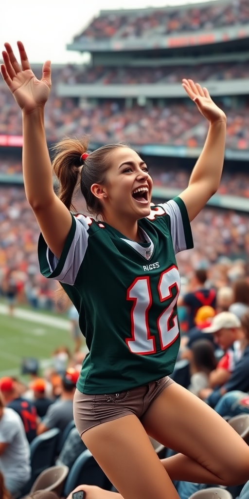 Attractive female NFL fan, pigtail hair, jersey, hollering, arms raised, jumping in crowded bleacher row, NFL stadium