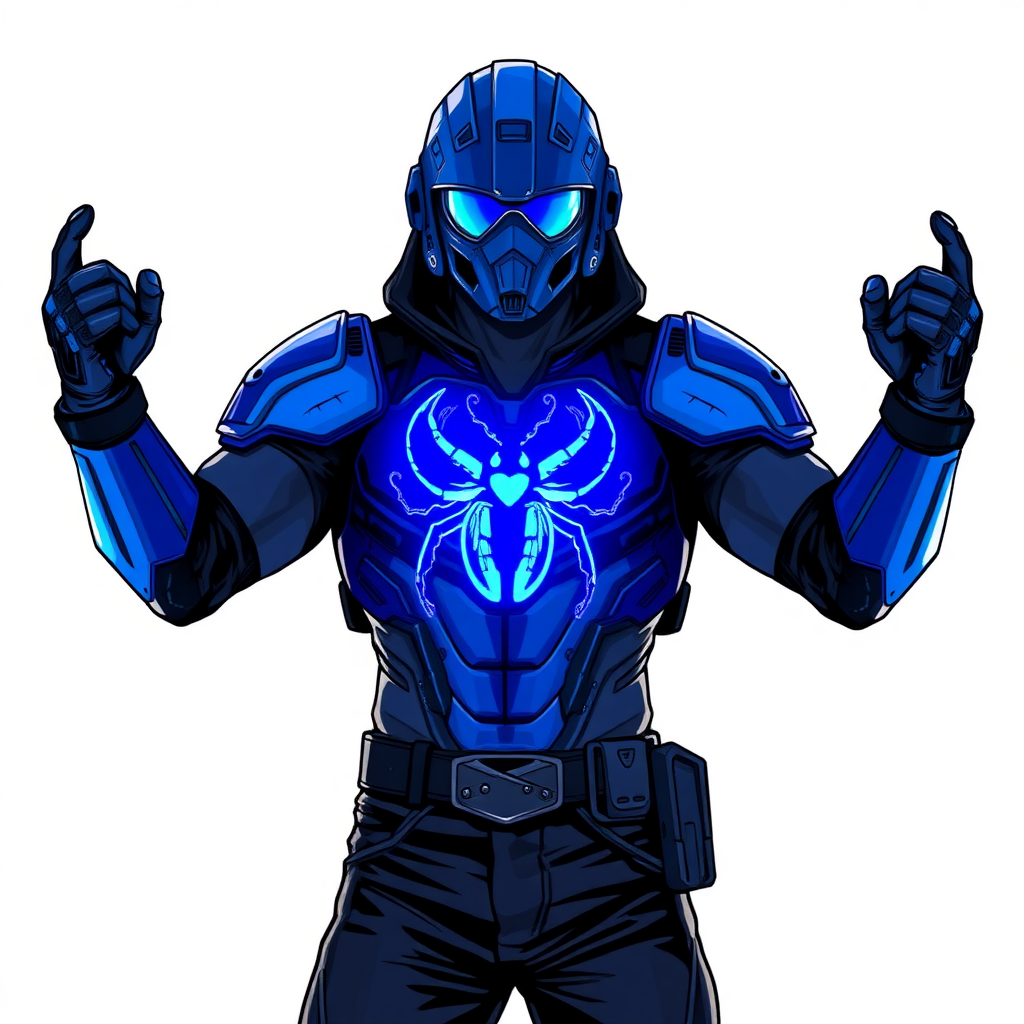 A 28-year-old cyberpunk vigilante stands heroically, clad in high-tech, maximum blue body armor featuring a neon blue glowing beetle on the chest. They wear black biker pants, a black belt with a sapphire beetle buckle, and a maximum blue head covering helmet with neon blue glowing lenses. Their hands are protected by black metal gloves, all set against a solid white background. He is drawn as if he was in a retro 2D cyberpunk fighting game.