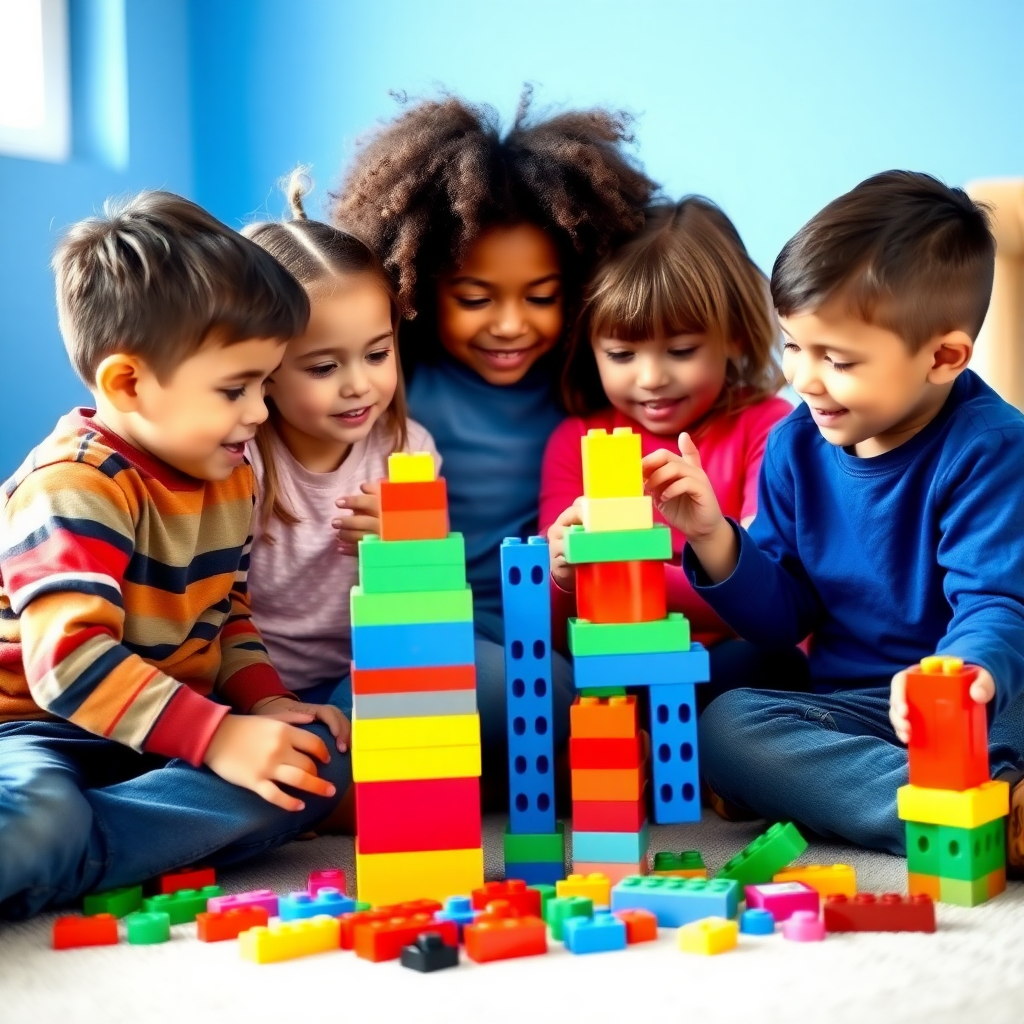 A group of 5 children playing with toy building blocks all different from each other: someone is short, someone is taller, one is fat, one is black, one is fair, all are 10 years old, and the room in which they are playing has blue walls.