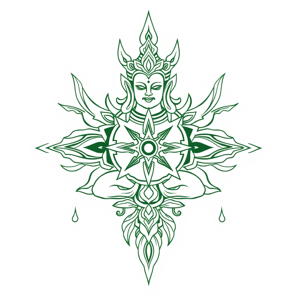 Create a symmetrical line art illustration in the style of traditional Southeast Asian sacred tattoo art. Use bold, clean, and fluid lines with minimal shading. Emphasize balance and harmony in the composition. Include simplified yet defined shapes to outline the forms and features. The entire image should be monochromatic, using only shades of green. Incorporate elements that suggest strength, protection, and spiritual significance. Ensure the overall style is reminiscent of Sak Yant tattooing, with a focus on symbolism and clarity rather than excessive detail.