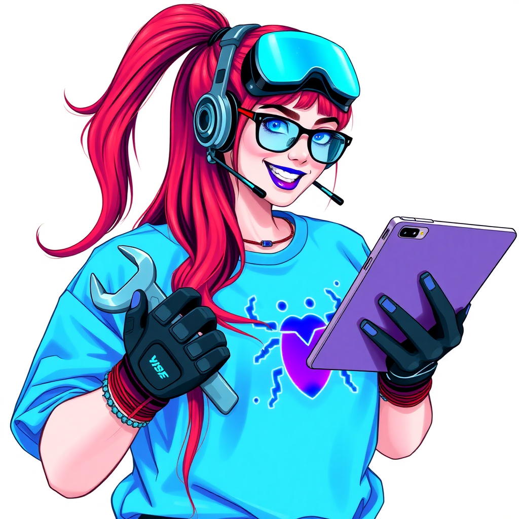 An intelligent and tech-savvy 29-year-old computer hacker and tech genius. She has a long ruby red ponytail. She wears maximum blue lipstick, blue eyes, a sapphire beetle gemstone necklace, sapphire earrings, black eyeglasses, hi-tech power gloves, and an oversized maximum blue t-shirt featuring a neon blue glowing beetle chest icon. She has a gargantuan full-figured physique with a prominent round gargantuan midsection, reflecting her well-cared-for lifestyle. She sports a sapphire headset with a hi-tech maximum turquoise lensed HUD, and a beaming smile accentuated by a passionate neon red blush. She serves as his tech expert from his hideout, holding a futuristic tool wrench and a futuristic digital tablet. The background is solid white. She is drawn as if she was in a retro 2D cyberpunk fighting game.