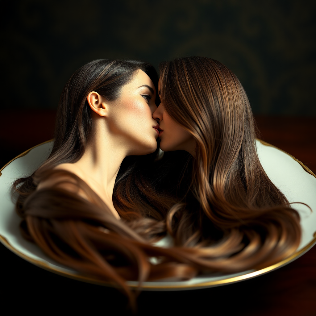 Surreal image of the disembodied heads of very long haired Meghan Markle and very long haired Kate Middleton served on a plate. They are kissing each other.