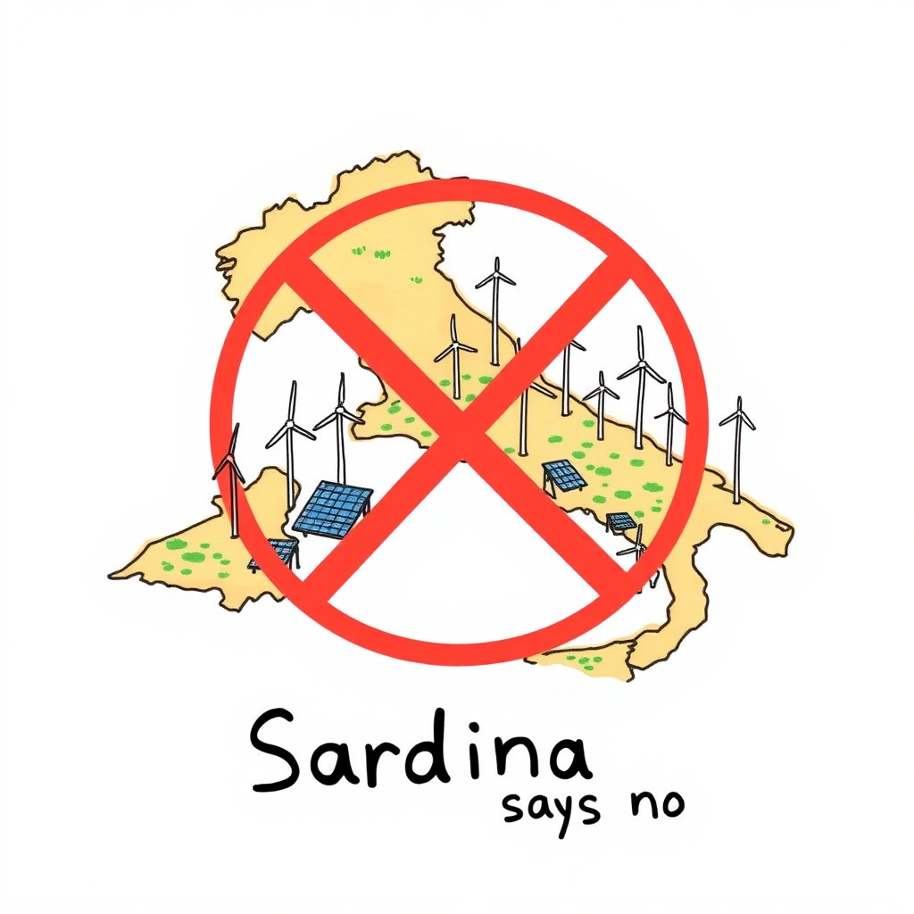 I draw Sardinia, showing it being overwhelmed by enormous wind turbines and photovoltaic panels. The style is a colorful minimalist drawing, text "Sardinia says no."