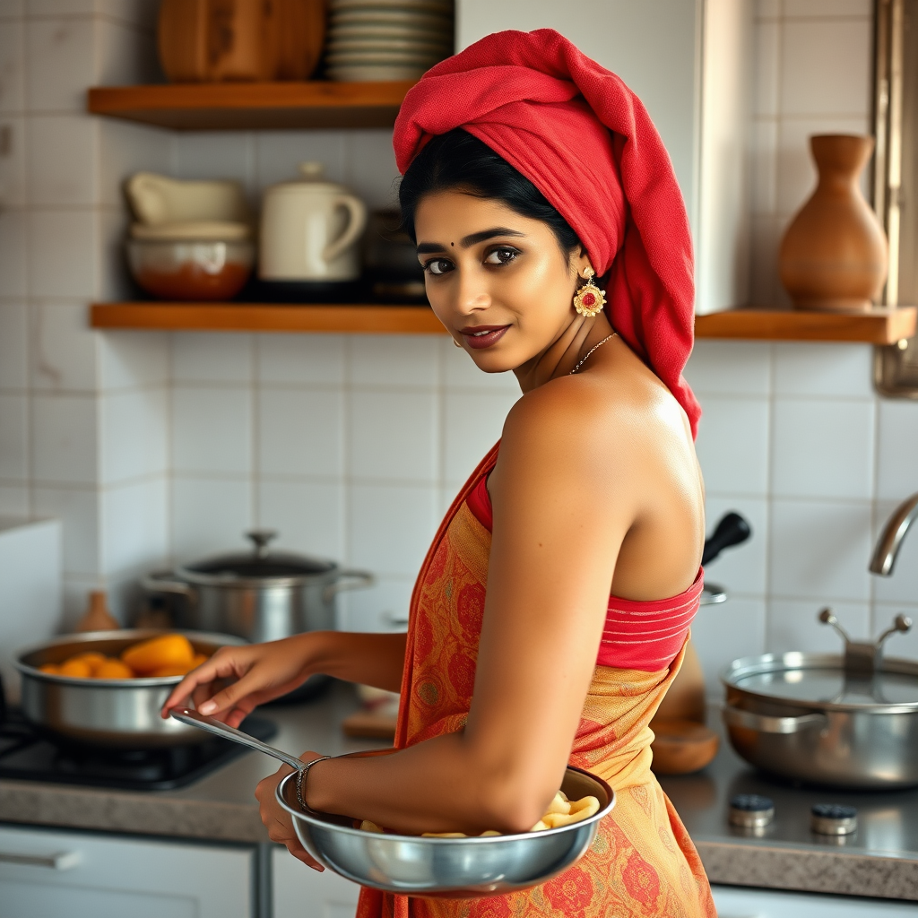 slim, 30 year old, traditional, indian wife, after bath, towel head, cooking food in kitchen