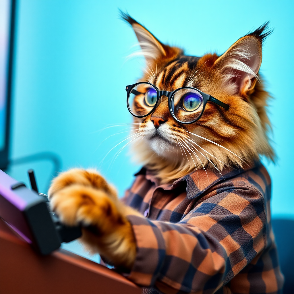 A Maine Coon cat playing a video game with semi-round glasses and a plaid shirt.