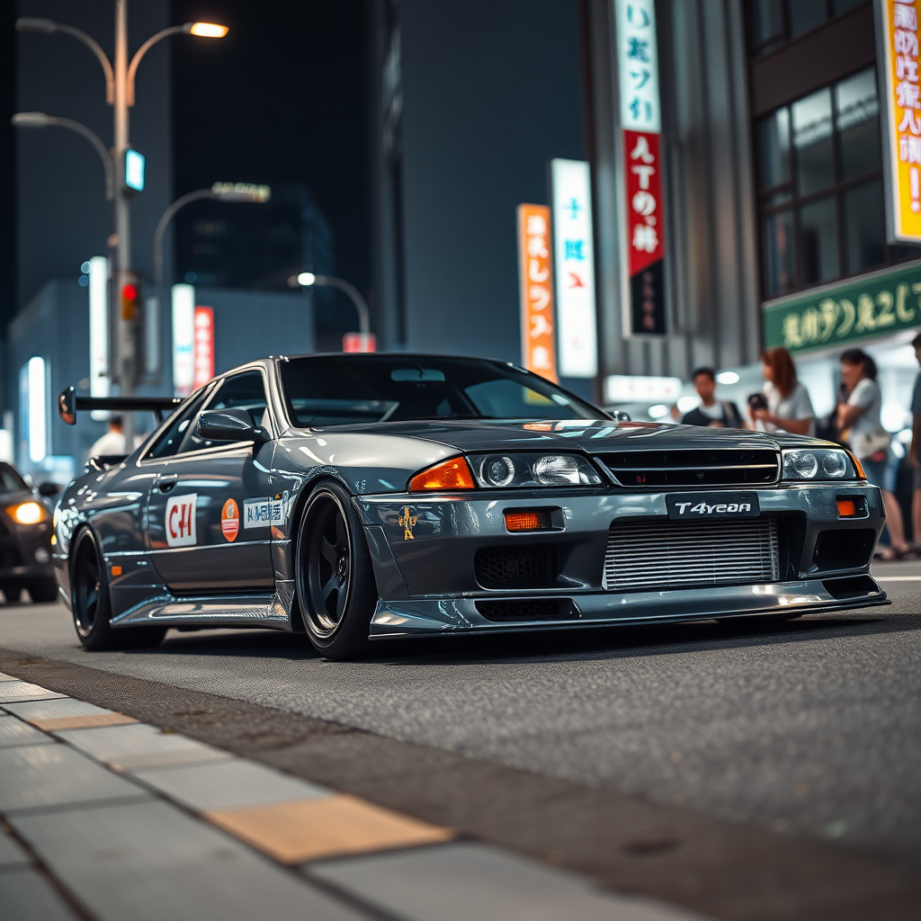 The car is parked on the side of the road, inspired by Taiyō Matsumoto, tumblr, restomod, nd4, c4 metallic shine gray black nissan skyline r34 crowded tokyo night women background flawless detailed overall details.