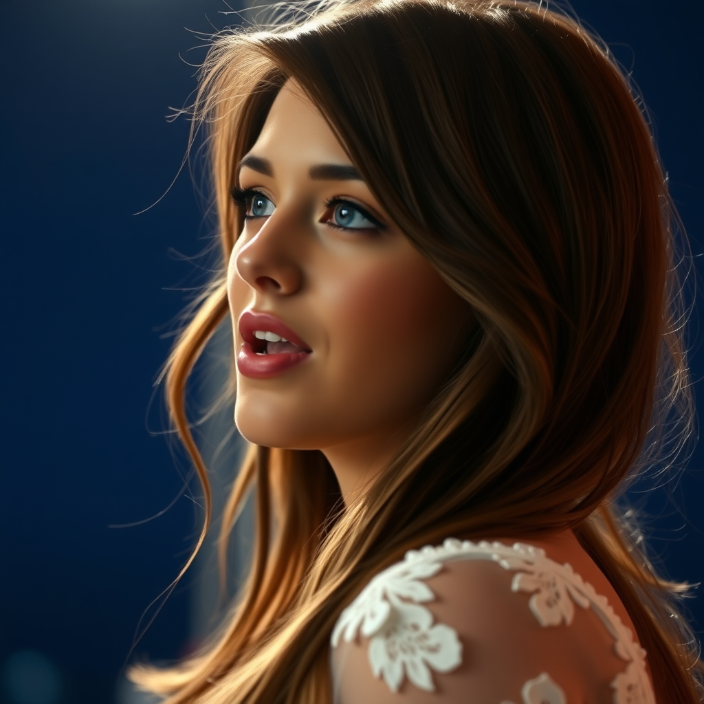 a young woman singing. she is looking like lucy thomas. long brunette hair with highlights, narrow pale blue eyes. suntanned skin. small lips with pale red lipstick. looking to the side. wearing a white dress with transparent lace. view from far. night sky in background. photo