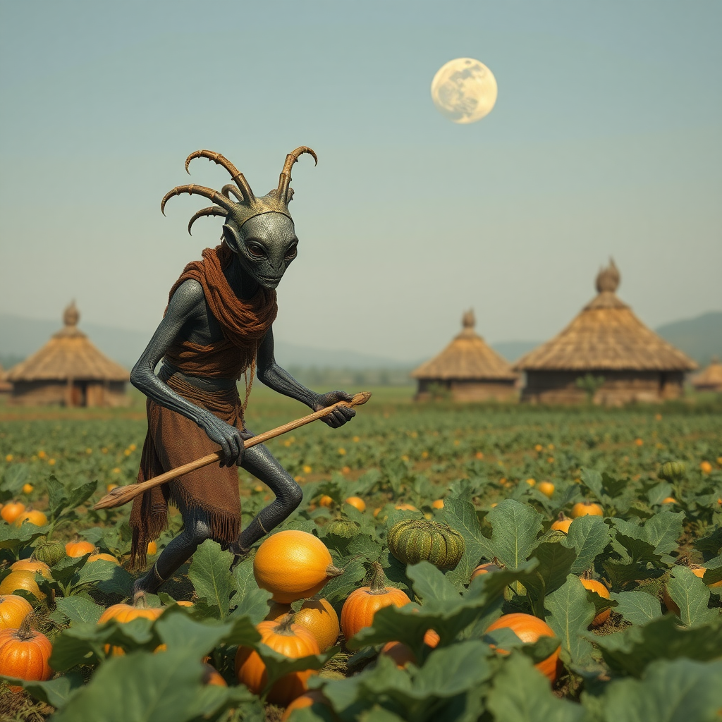 A humanoid arthropod alien in tribal clothing tilling a field of alien produce, alien huts in the background, two moons visible in the sky.