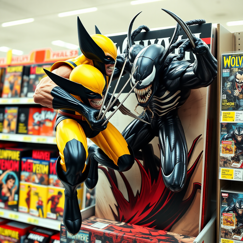 Jumping out of a comic book cover on a store shelf is Wolverine and Venom. Wolverine has his claws placed into Venom in Cinematic Real3D photo-realistic quality.