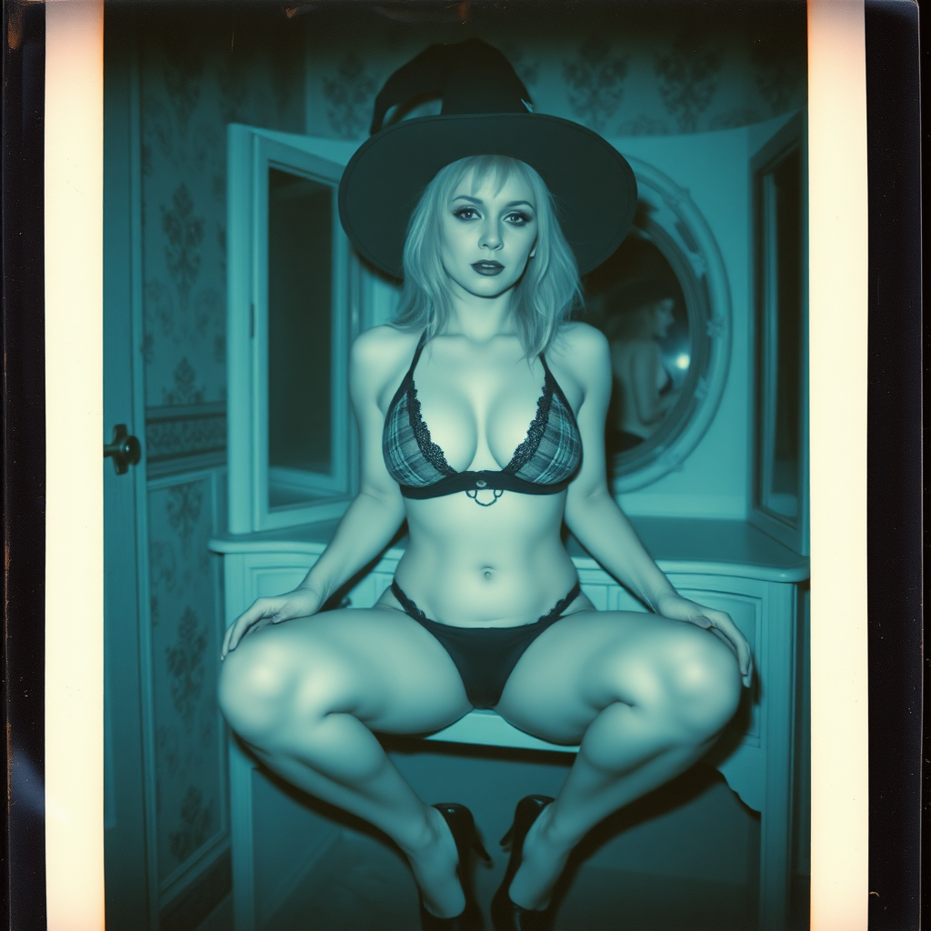 can of an old polaroid photo with heavy dark vignetting and a blue color tint to the photograph and visible light leaks. The photo depicts a sexy alt goth woman with pale skin. She has large breasts with ample cleavage and is wearing a plaid bra with triangle shaped cups. She is wearing a witch hat. The image looks hazy and grungy. She is in an old house with wallpaper on the walls. Dark lighting with camera flash used. Candid. She is wearing a tiny revealing lace thong. She is sitting on a built-in vanity with a mirror with her knees spread apart. She is wearing black high heels.