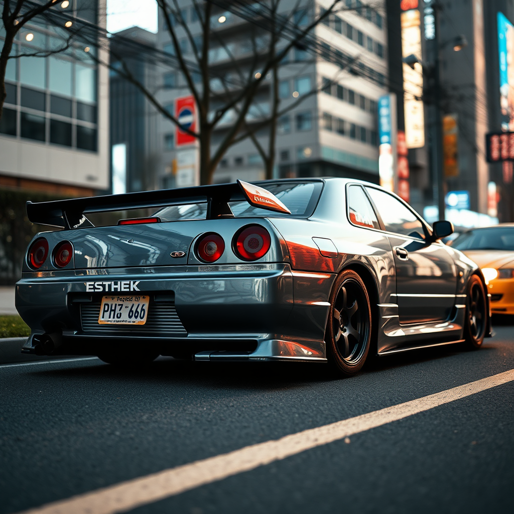 The car is parked on the side of the road, inspired by Taiyō Matsumoto, tumblr, restomod, nd4, c4 metallic shine gray black nissan skyline r34 tokyo gece cosplay kadınlar arkaplan hatasız tam eksiksiz ayrıntılı genel gerçek detaylar en iyi fotoğraf poz