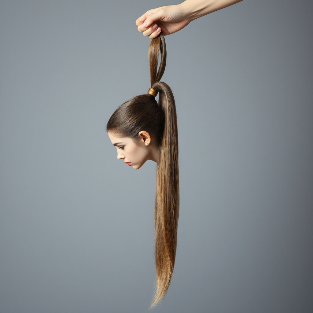 Surreal image of a very long haired woman's beautiful disembodied head hanging by her very long hair. Her very long hair is gathered at the top of her head into a long ponytail that stretches upward into a grasped hand. Plain gray background.