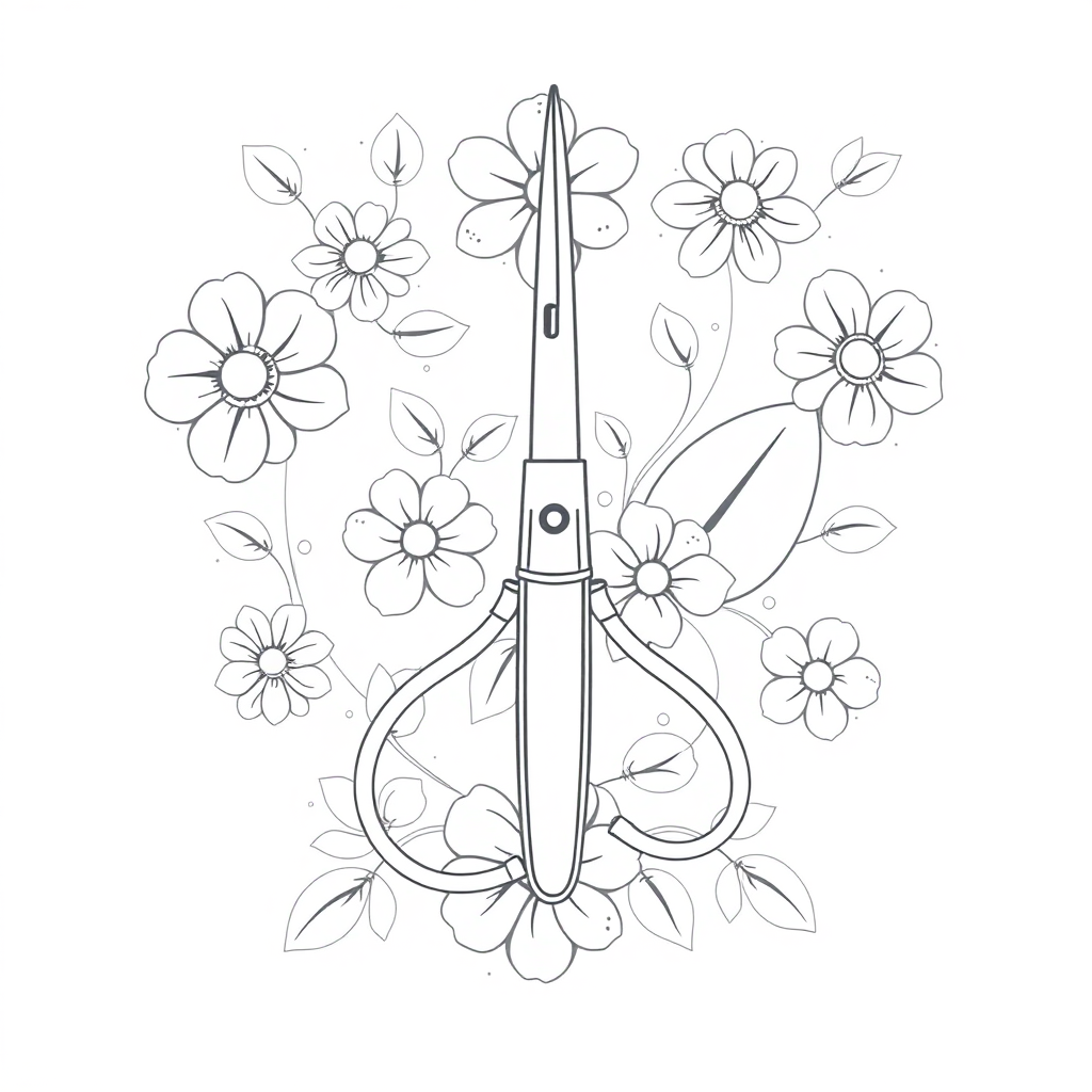 a black on white, floral, line design containing a scalpel, a medical staff