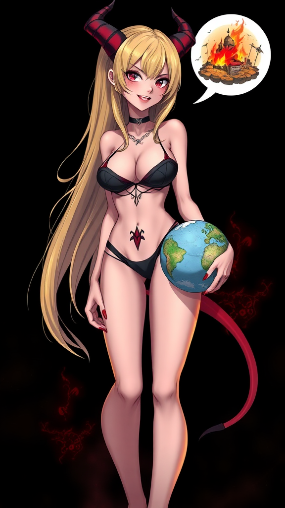 Anime, Black background, A mischievous tall-slender demon girl, 29 years old, perfect, red lips, long blond hair, wearing sexy-micro bikini-bra-like clothing, g-string, Womb tattoo on belly, mischievous smile, large breasts, full body, long legs, looking at viewer, speech bubble with a burning city, holding the earth.