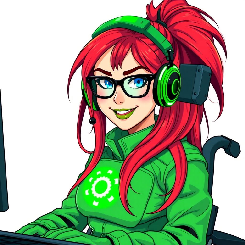 A nerdy, 29-year-old tech genius in a wheelchair, with a long fiery-crimson ponytail. She wears maximum green lipstick, bright blue eyes, and a hi-tech maximum green suit featuring a neon green glowing cog chest icon. She sports an emerald headset, black eyeglasses with a neon green lensed HUD, and a lovestruck smile with neon red blush. She serves as her corrupt cyberpunk CEO's tech expert from his company's cybersecurity division, diligently working at her computer desk. The background is solid white. She is drawn as if she was in a retro 2D cyberpunk fighting game.