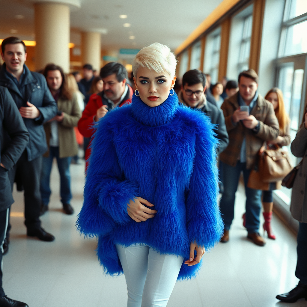 1990 winter afternoon daylight, crowded cinema lobby: Sam, 19 years old beautiful involuntary femboy, rebellious intractable character, short petite boyish figure, platinum blond boyish rebel punk hairstyle, flawless heavily made-up face with sharp arched tattooed eyebrows, wearing Supertanya-style fluffy very fuzzy bright blue angora thigh-length turtleneck-poncho fully covering body and arms, white shiny leggings, red leather high-heeled pumps, silver earrings, puzzled alarmed, pout serious, impatiently waiting for her master. Surrounded by much taller male amused visitors watching laughing taking pictures.