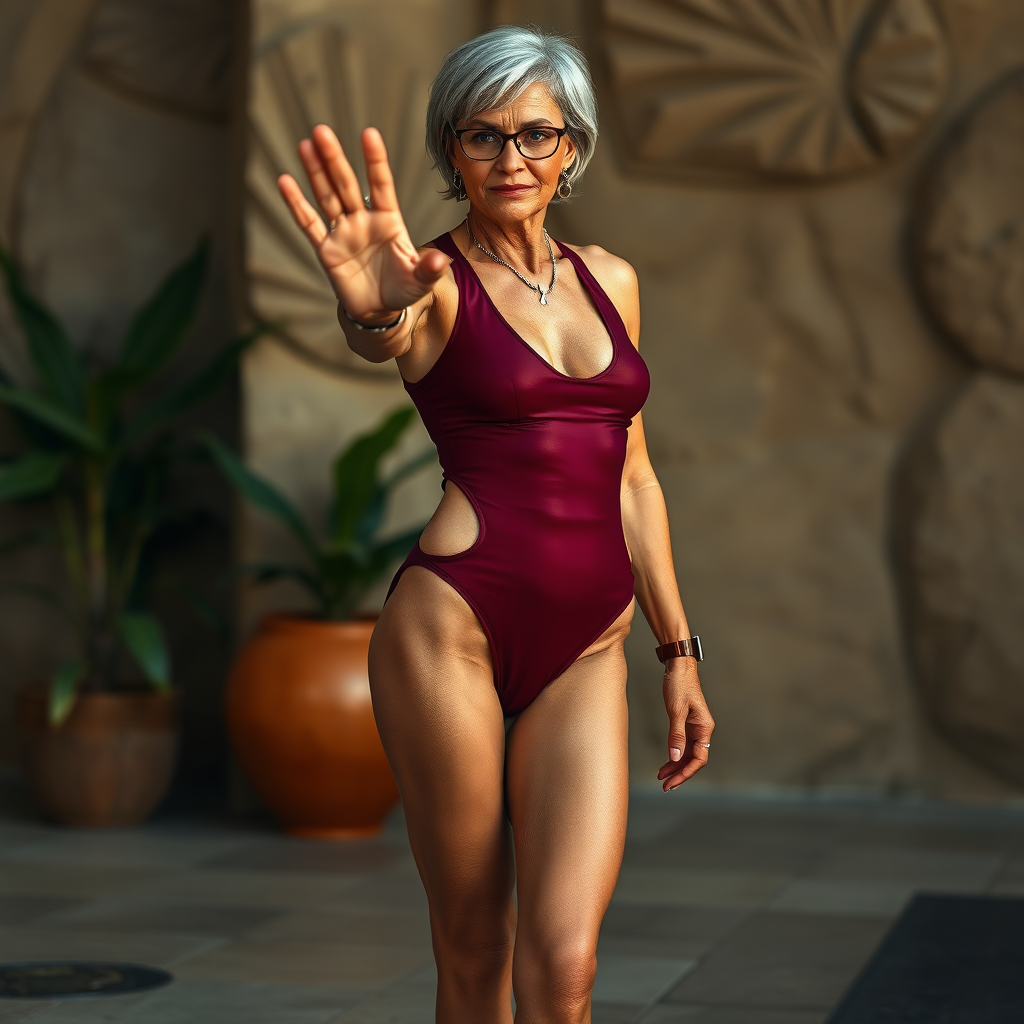 a towering 55 Years old, fit, slim, European, Latina, sharp aquiline nose, wrinkles, high cheekbones, Middle Eastern, Skinny, Tanned skin, Dark light skin, Rounded Medium breasts, Skinny thighs, full Makeup, jewelry, Serious face, Sharp nose, Ash hair, short bowl haircut, Brown eye color, Glasses, with detailed features. she is wearing a tight burgundy high cut cut out wet swimsuit, detailed fabric. full body, high heels sandals, she is hand gesturing at the viewer to approach closer, sweating, long establishing shot,