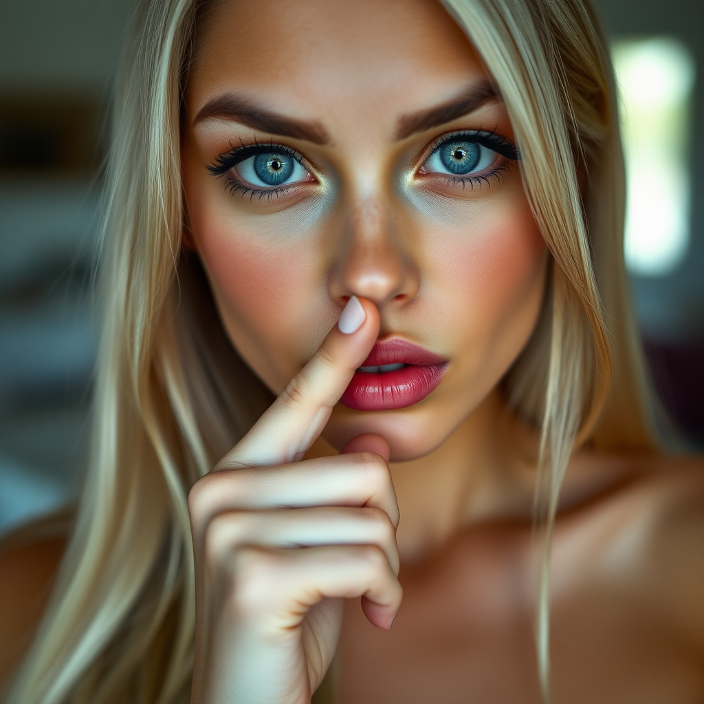 A young woman is holding her finger to her lips, looking at the viewer, blue eyes, blonde hair, solo focus, blurry, lips, eyelashes, blurry background, close-up, realistic. Bleached blonde, black eyeliner, very large eyes, tanned skin. Very long straight hair. Cleavage. Quiet sign with her finger over her mouth. Exaggerated long eyelashes.