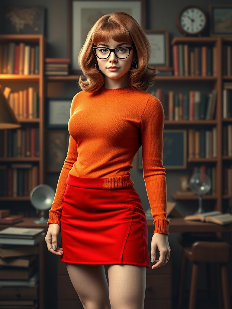 Create a photorealistic full-length image featuring Velma Dinkley as a composite character. Use a male bodybuilder's inverted triangle body type, maintaining Velma's head, hairstyle, and facial features. Retain her iconic orange sweater, red skirt, and glasses, adjusting to fit the new muscular physique. Craft the background inspired by Velma’s classic setting—include elements like bookshelves, magnifying glasses, and mysteries, bringing her world to life while emphasizing her analytical nature and adventurous spirit.