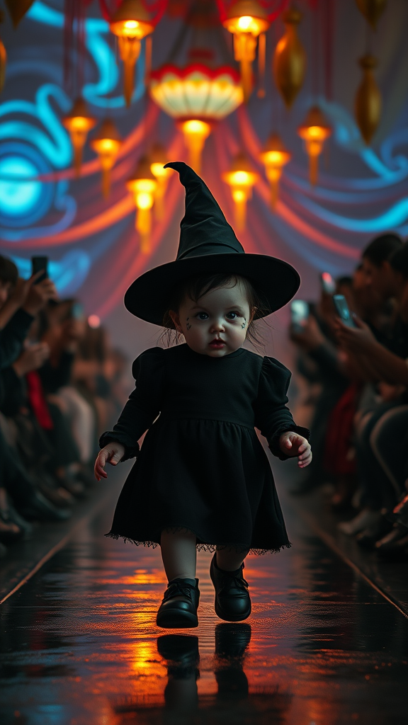 Create an eerie yet captivating scene featuring a small, 7-month-old chubby child-like witch with pink lips, pink cheeks, and a fair complexion walking confidently down a dark runway, surrounded by spectators. The witch wears a black dress, a long black cap, and has a black tattoo on her face. The face has exaggerated, creepy makeup with thick red lips.

The background features swirling, abstract light patterns in blue, orange, and yellow hues, creating a surreal and unsettling atmosphere. The audience, dimly lit on either side, holds up their phones and cameras to capture the moment, but their faces are mostly obscured in the shadow, adding to the mysterious mood. Overhead, several more colorful lights and hanging decorations give a circus-like vibe, but the overall tone is more eerie than playful. The ground is wet, reflecting the lights above, creating a sense of depth and texture, adding to the haunting atmosphere.