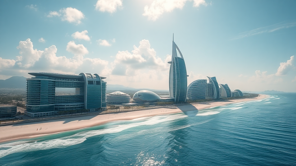 Coastal skyline, Beachfront architecture, spaceship style Building complexes, amazing high tech and futuristic themed, luxury, dreamy, futuristic, High-end, vibrant, awesome, surprise, beautiful light, in morning, best quality, front centre top view, 8K