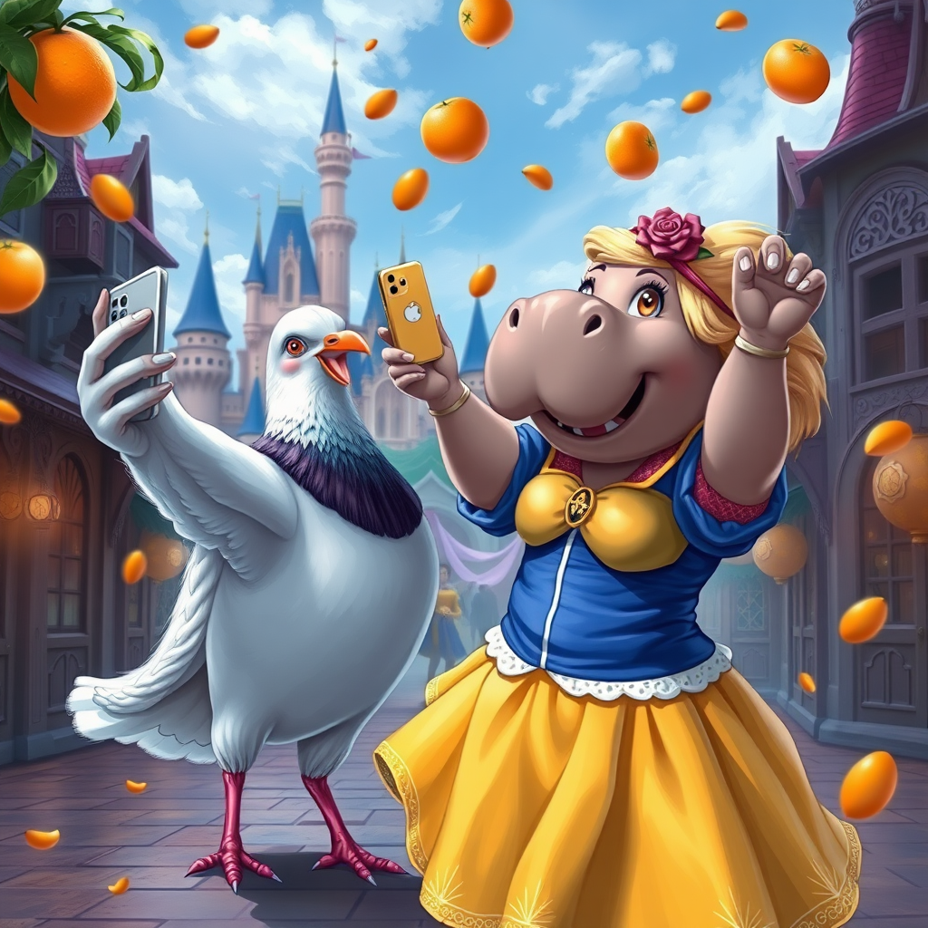 digital painting of a pigeon in snow white clothes taking a selfie in disneyland, a blonde hippo dancing in little mermaid clothes, oranges falling from the sky