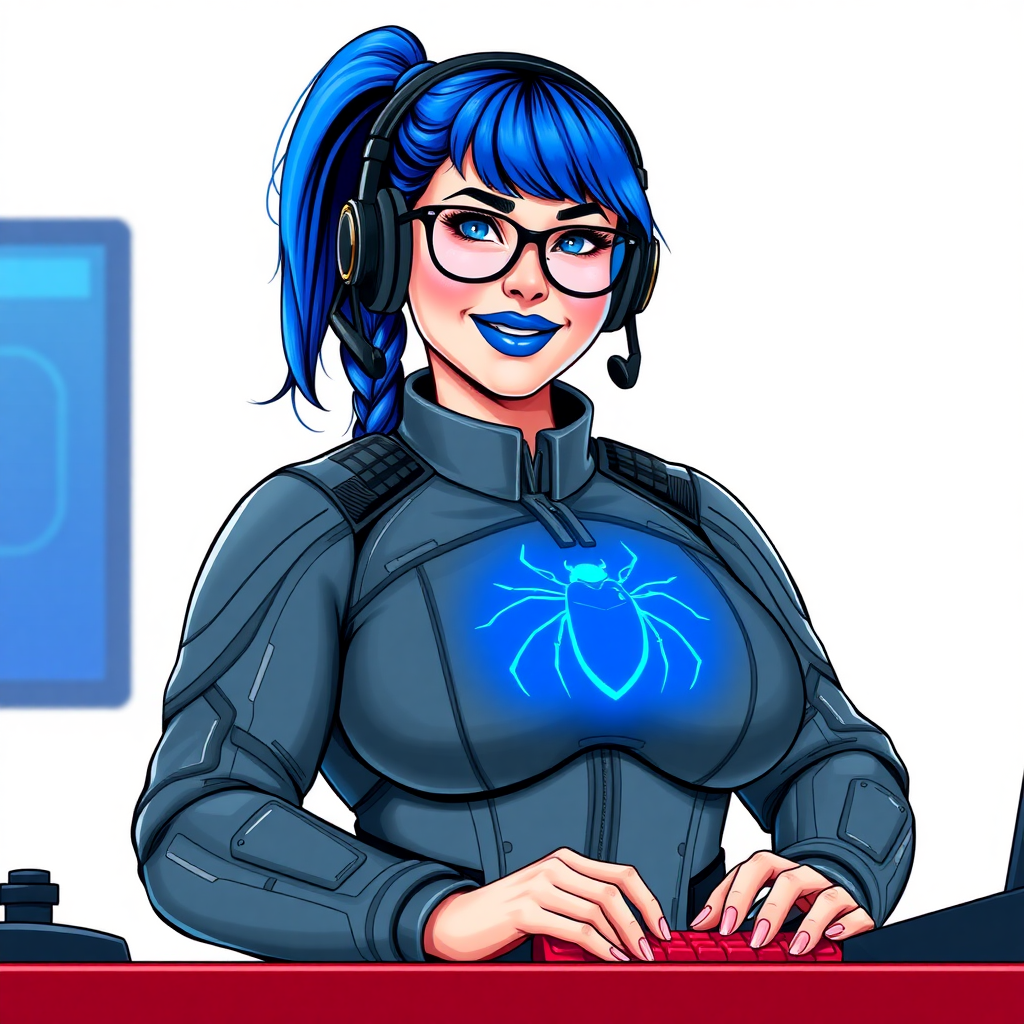 A nerdy, full-figured 29-year-old computer program hybrid with a long, maximum blue ponytail. She wears maximum blue lipstick and has bright blue eyes. Her outfit includes a digital middle gray biker suit featuring a neon blue glowing beetle chest icon. She sports a sapphire headset and black eyeglasses, with a lovestruck smile and neon red blush. Her full figure reflects the doting care of her vigilante boyfriend. As his tech expert, she works diligently at her lab table in their hideout. The background is solid white. She has a prominent, large, round midsection, thick limbs, and broad shoulders. Her middle gray metallic skin highlights her digital nature. The biker suit blends with her middle gray skin appearing to merge together as computer data. She is drawn as if she was in a retro 2D cyberpunk fighting game.