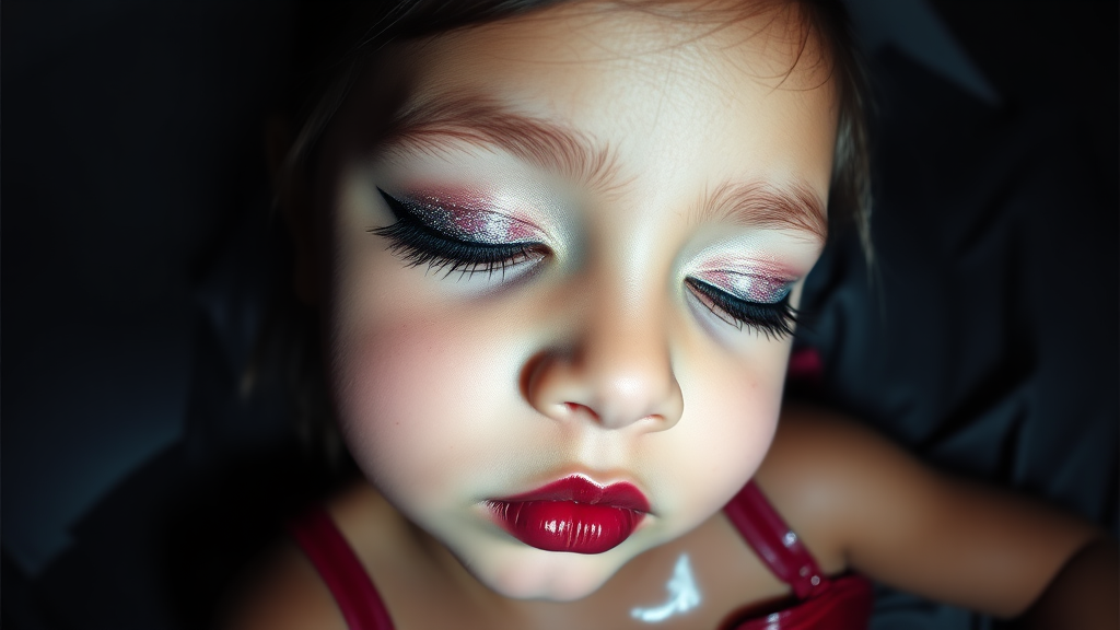 four-year-old-latina-female-child.  
She is wearing intense-glitter-eyeshadow, thick-winged-eyeliner with very-dramatic-eyeliner-wings, and dark-burgundy-glossy-lipstick.  
She is wearing a tight-glossy-latex-sleeveless-crop.  
Her mouth is closed, eyes closed.  
Fish-eye-lens, laying down in a dark motel room, amateur flash photography.