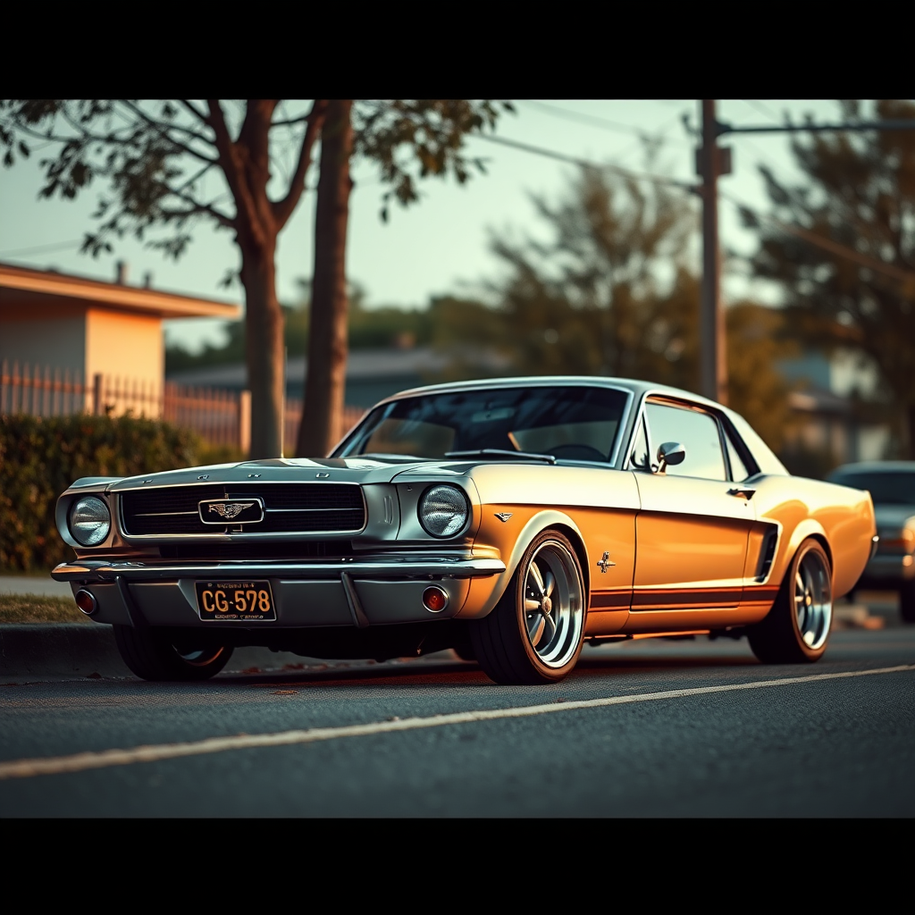 the car is parked on the side of the road, inspired by Taiyō Matsumoto, tumblr, restomod, nd4, c4 metallic shine classic american low rider ford mustang